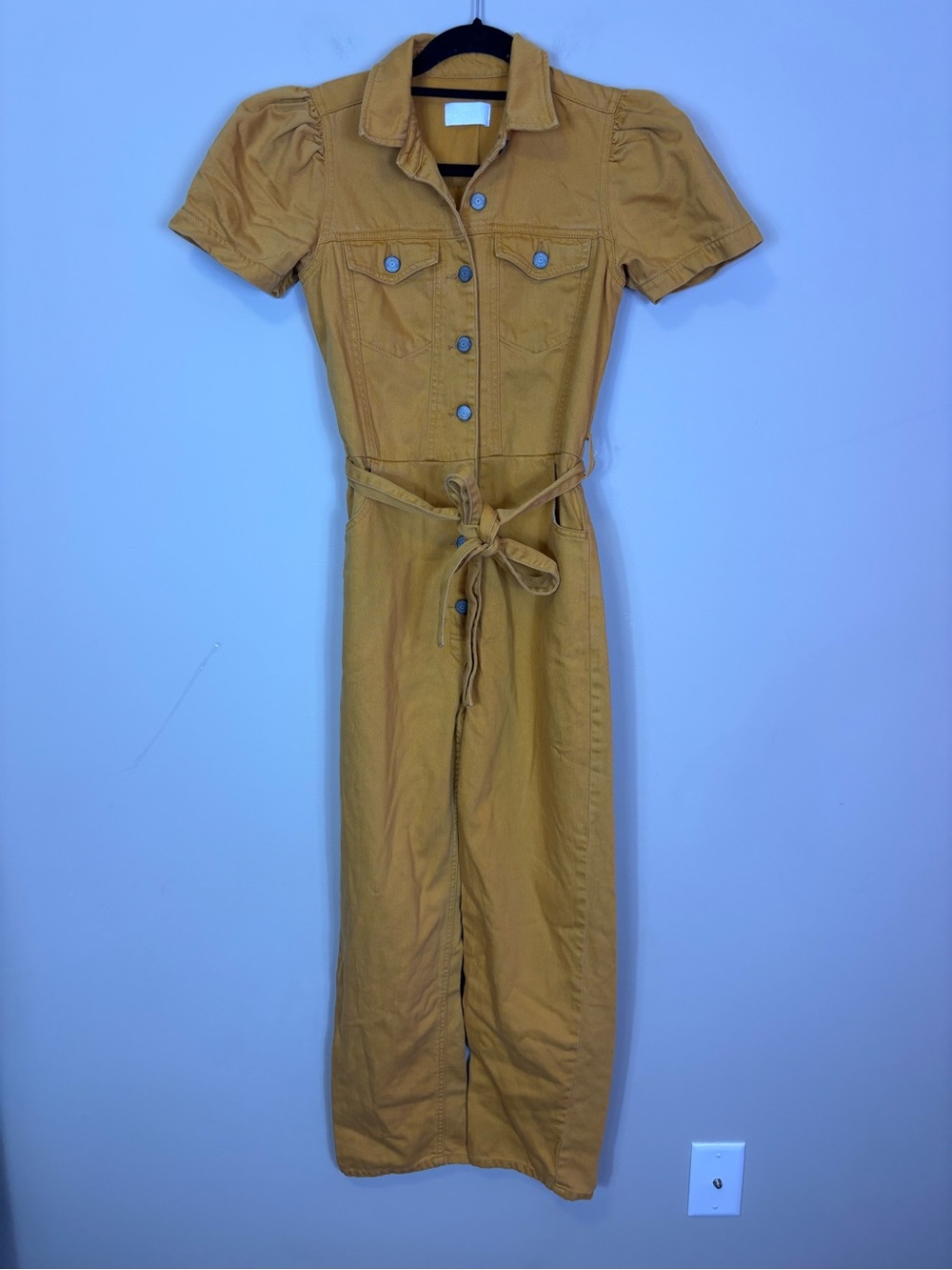 Boyish Mustard Yellow Short-Sleeve Button-Front Denim Jumpsuit XS